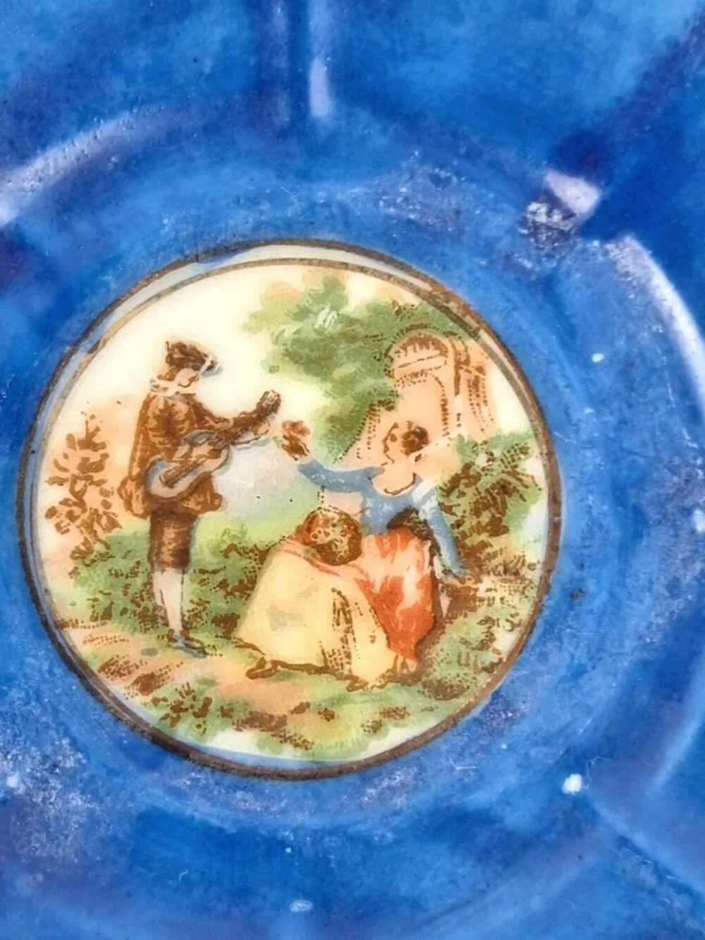VTG HKATO Blue Porcelain Demitasse Teacup & Saucer Romantic Scene & Gold Accents - Picture 7 of 16